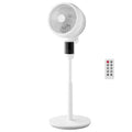 White 9-inch pedestal fan with round grille, black control panel, and stand base
