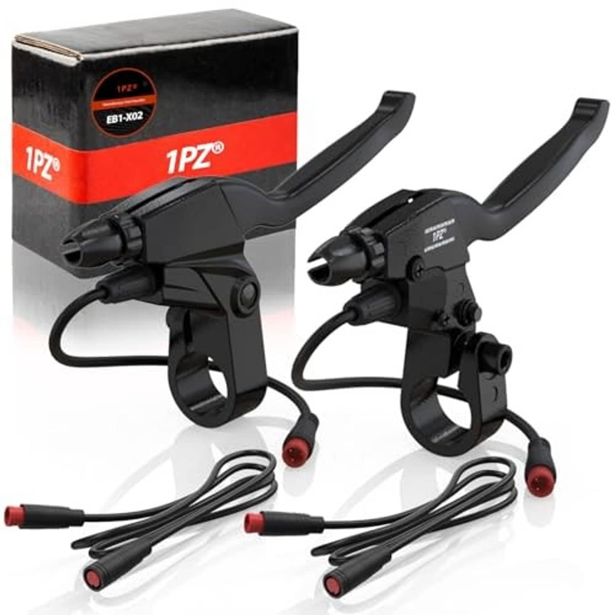 Waterproof e-brake levers with black 2-pin wiring and red-tipped connector caps