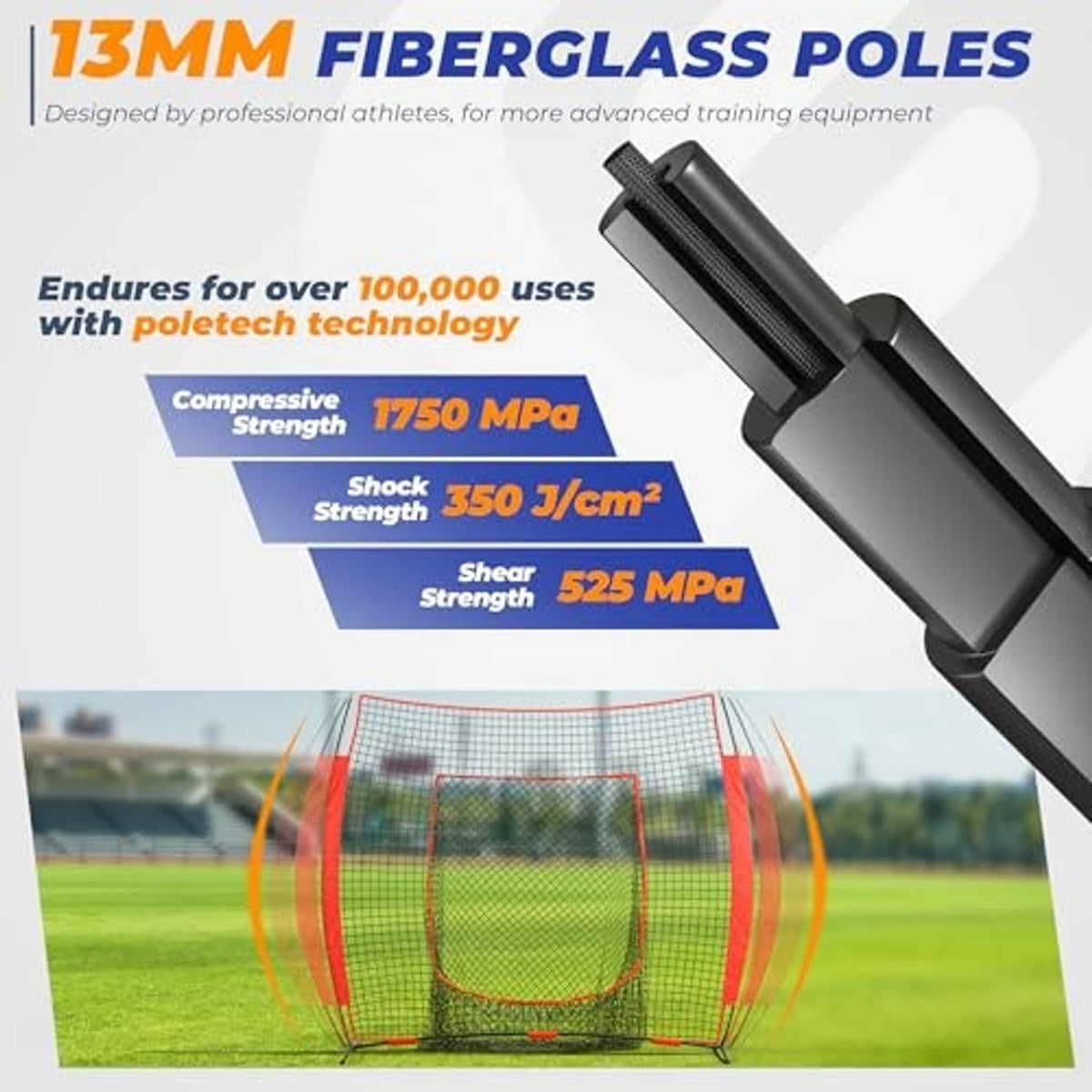 Black fiberglass poles for baseball net frame, shown with net in the background
