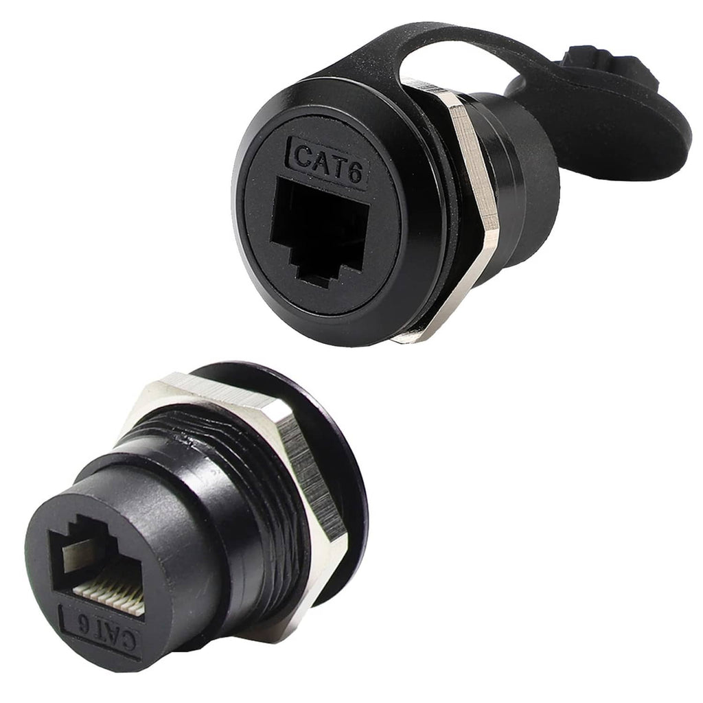 Black CAT6 panel-mount RJ45 coupler with latch lever and metal ring detail