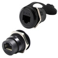 Black CAT6 panel-mount RJ45 coupler with latch lever and metal ring detail