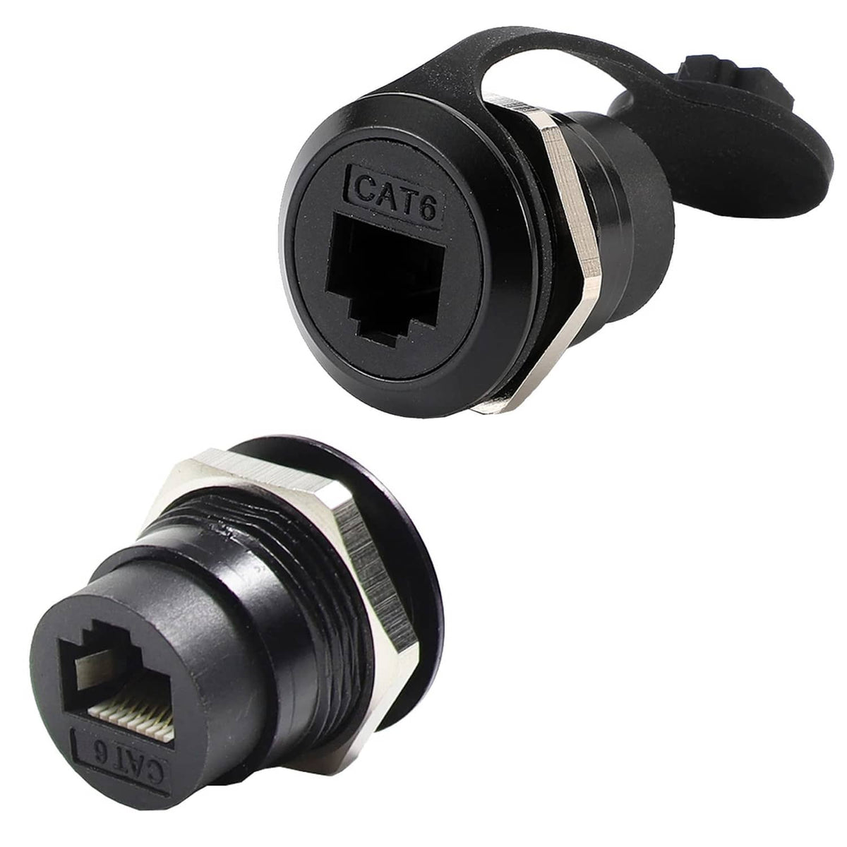 Black CAT6 panel-mount RJ45 coupler with latch lever and metal ring detail
