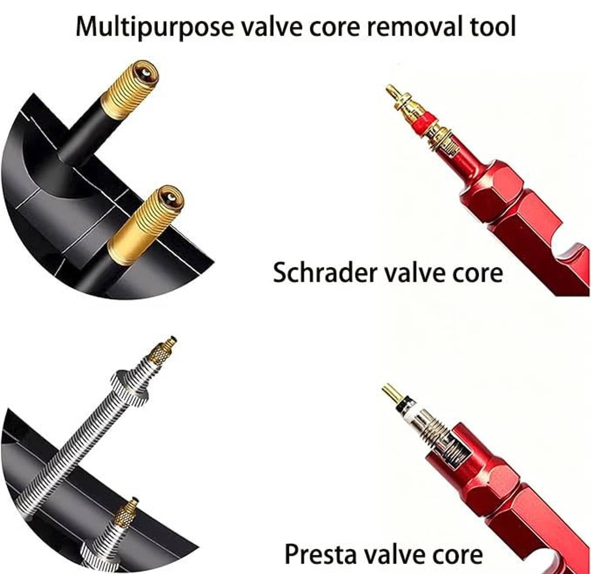 Red and black bicycle valve core removal tool with interchangeable ends