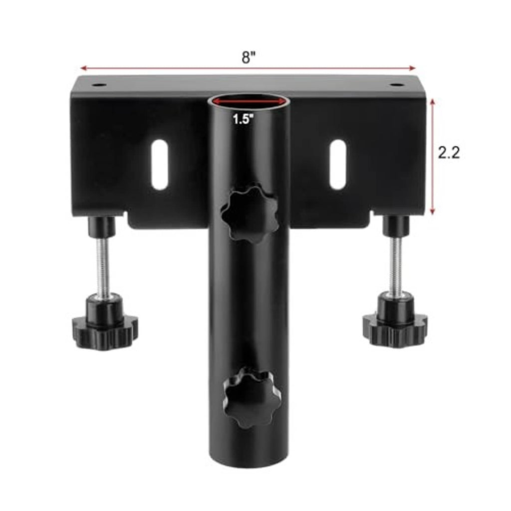 Black truck flag pole mount bracket with center holder and screw clamps, size 8 in