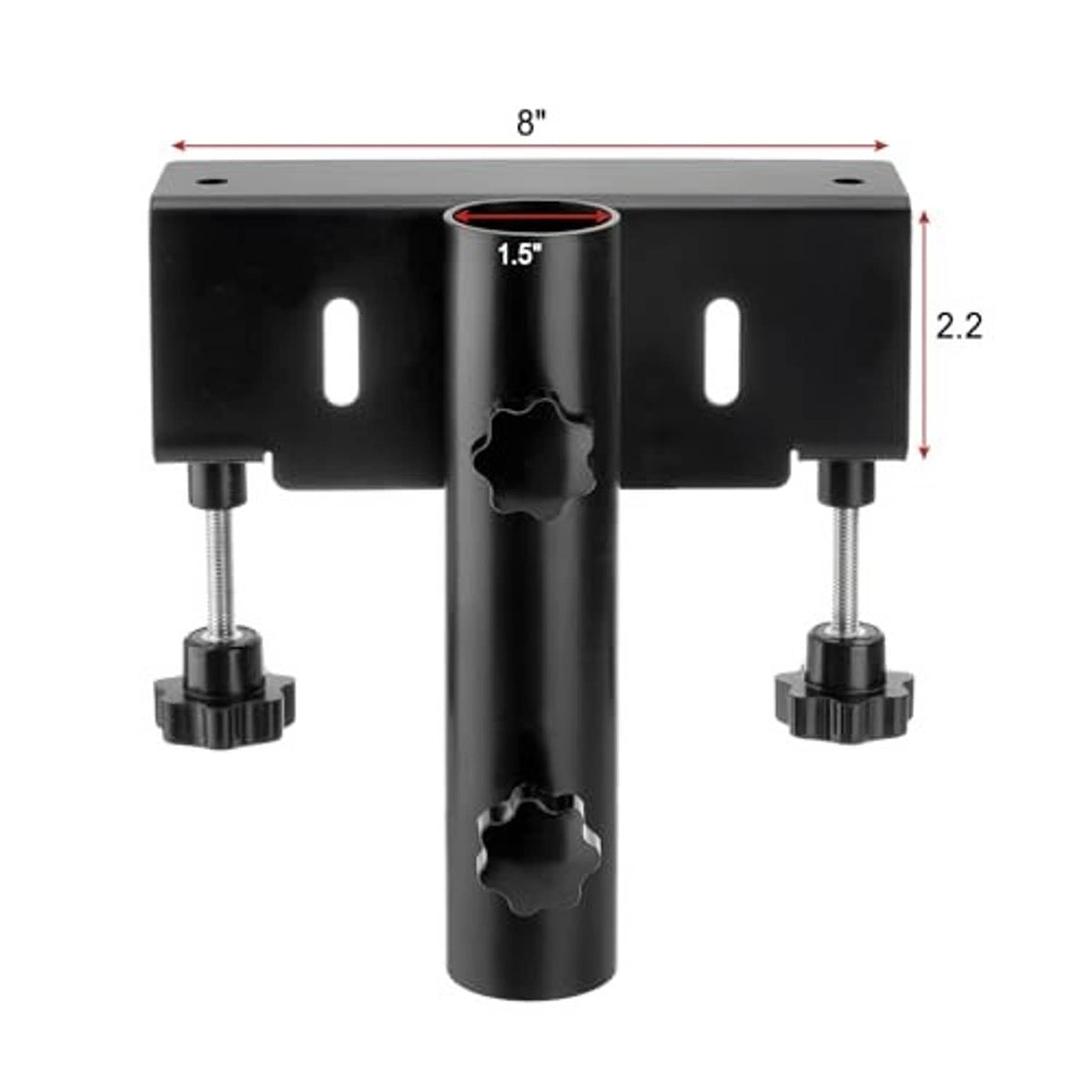 Black truck flag pole mount bracket with center holder and screw clamps, size 8 in