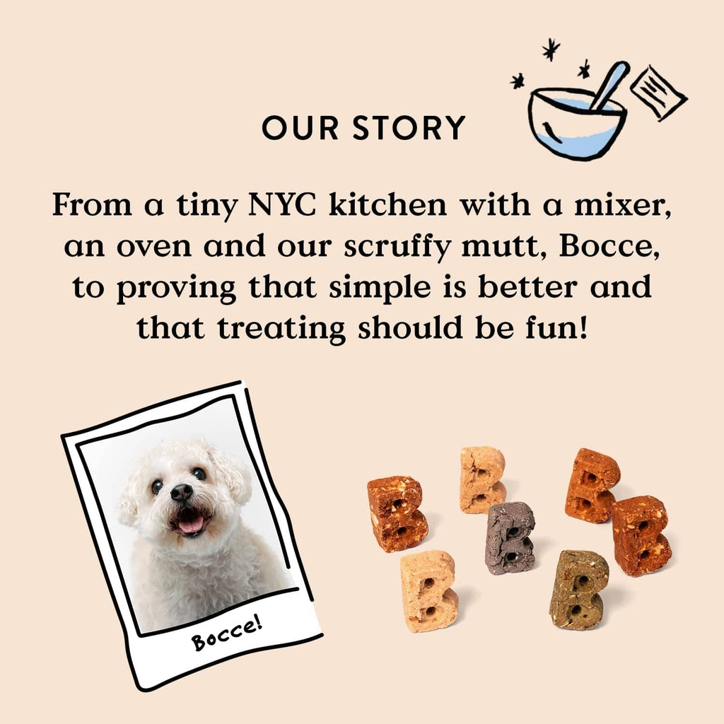 Brand story card with dog photo and small bite-size treat pieces