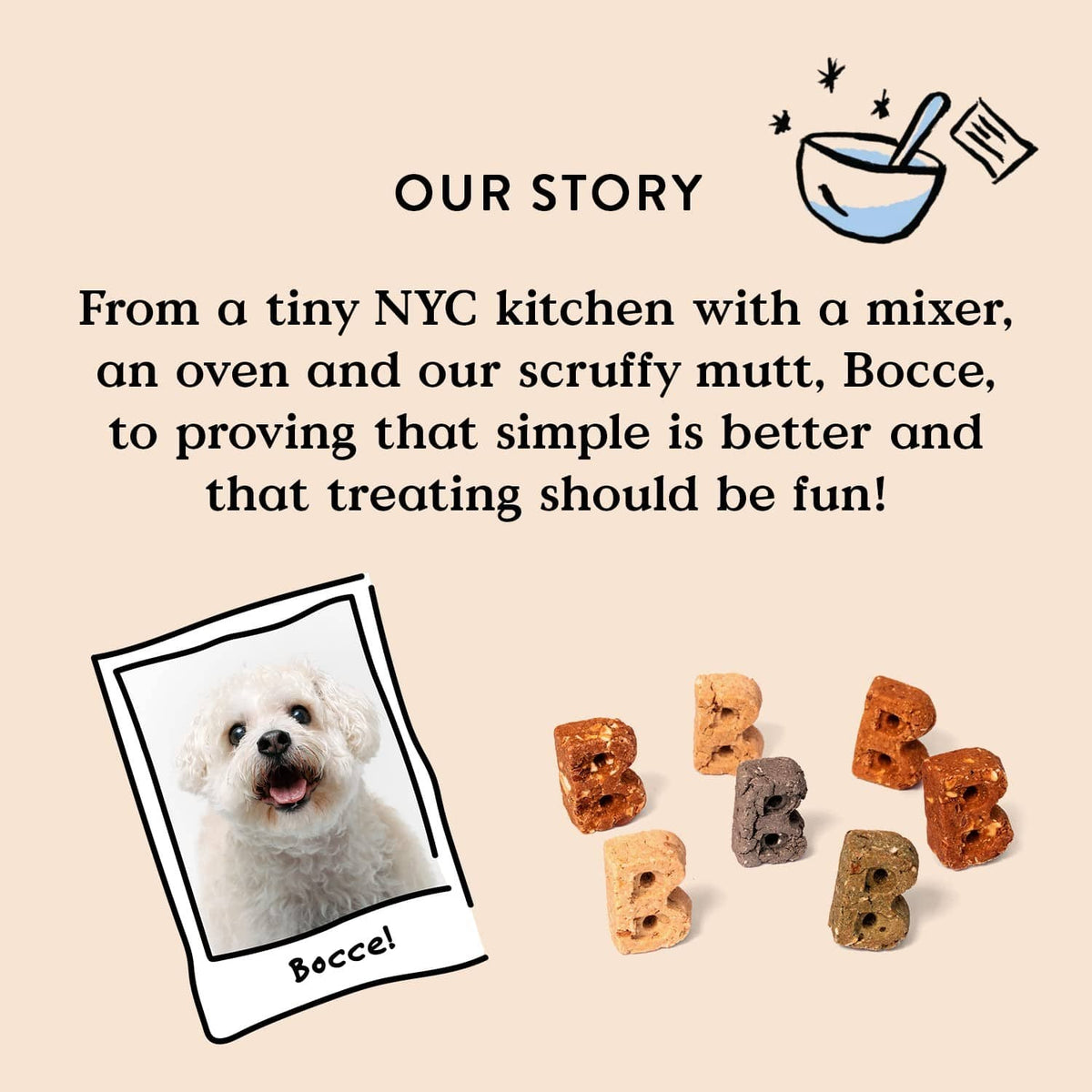 Brand story card with dog photo and small bite-size treat pieces