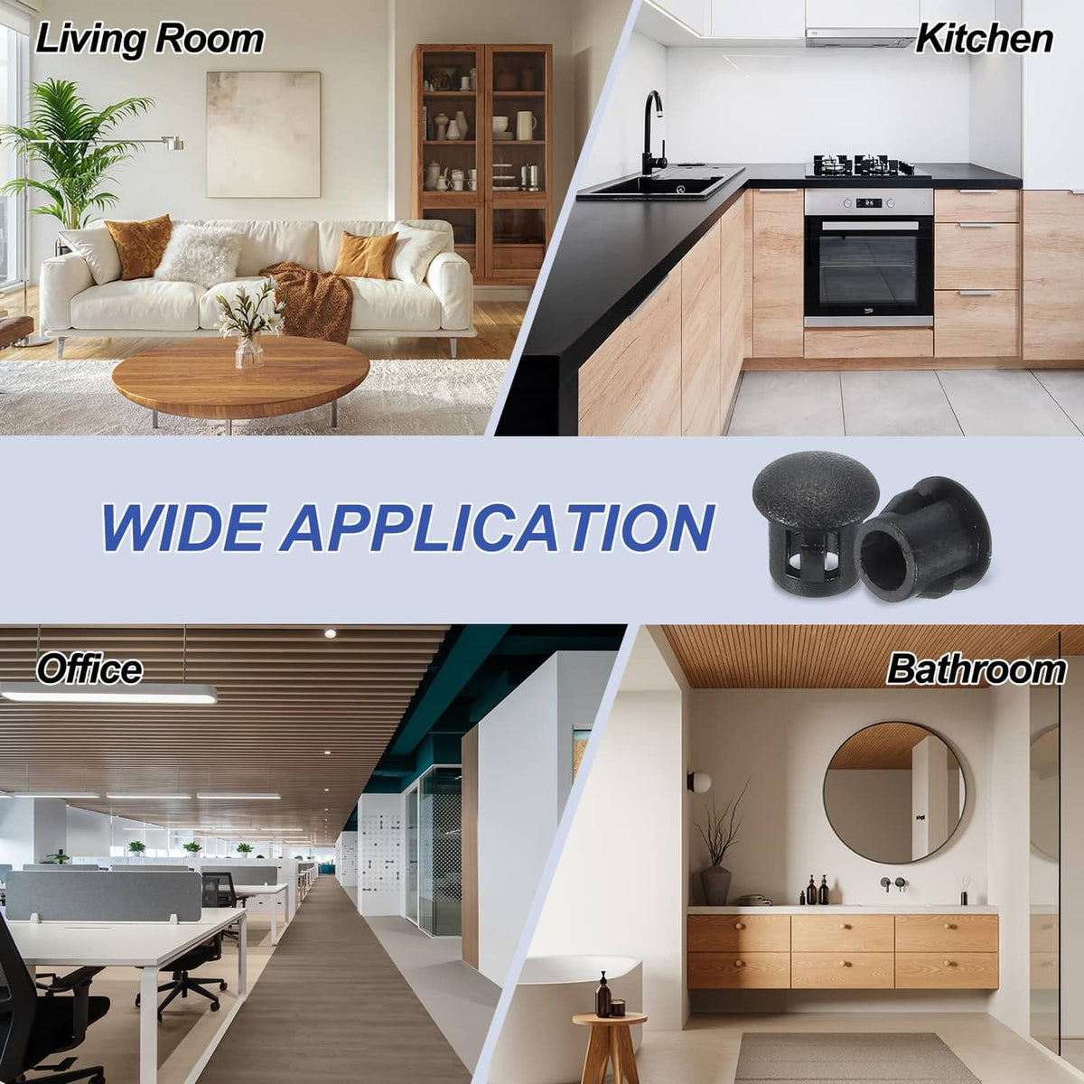 Black round plastic screw hole plugs displayed for use in living room and kitchen