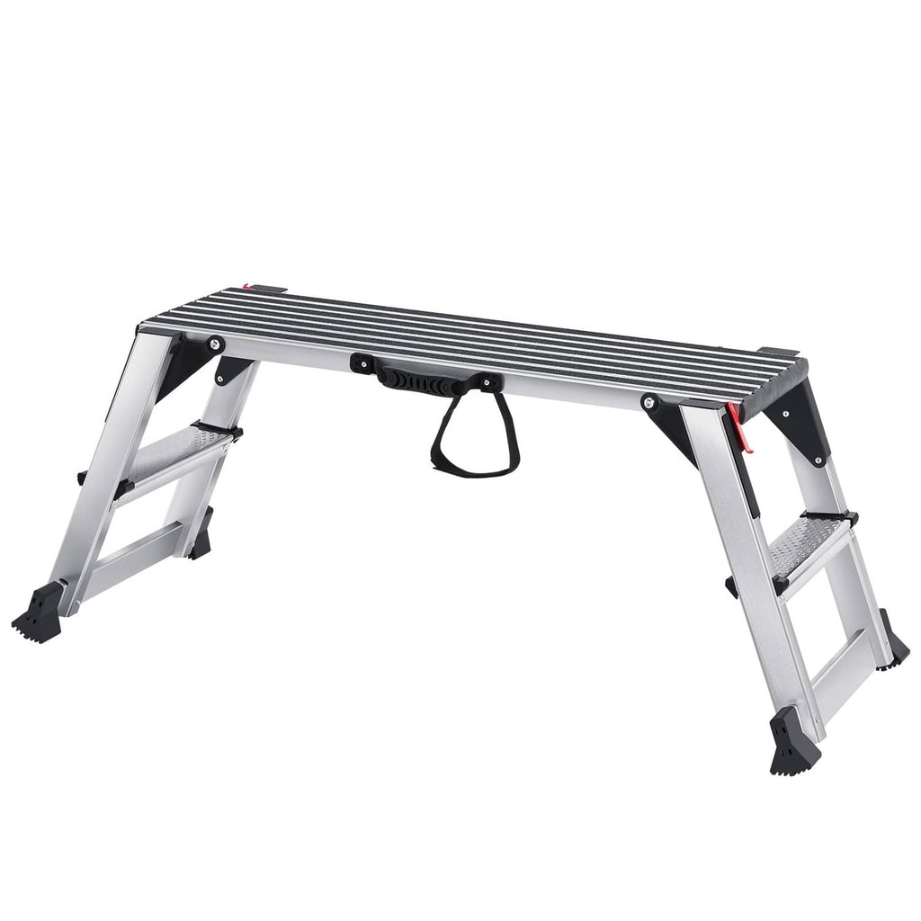 Aluminum folding work platform with non-slip steps and ribbed bench top