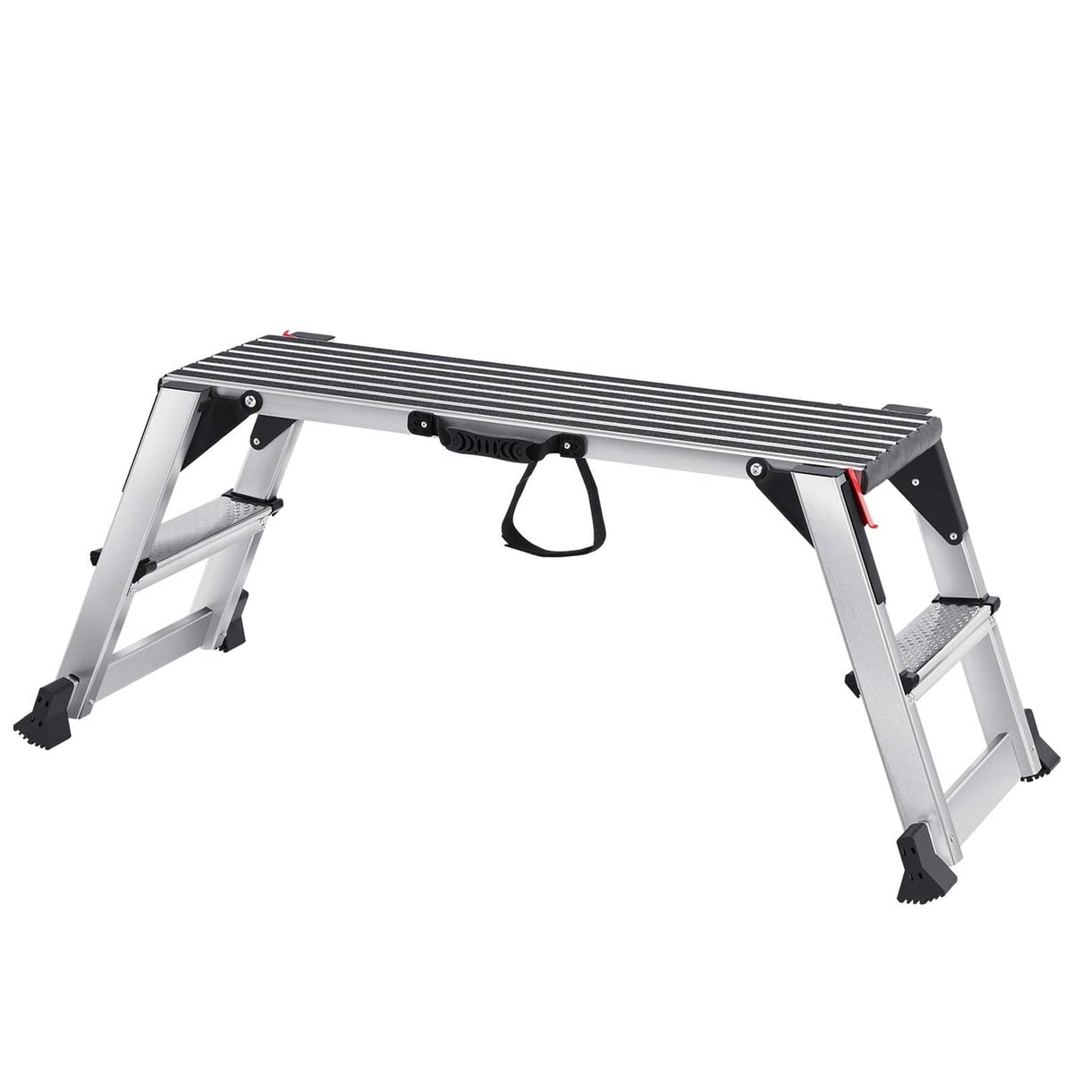Aluminum folding work platform with non-slip steps and ribbed bench top