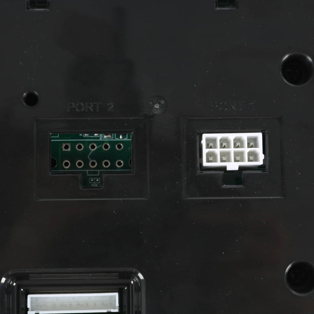 Black controller assembly close-up of PORT 2 and white connector plug