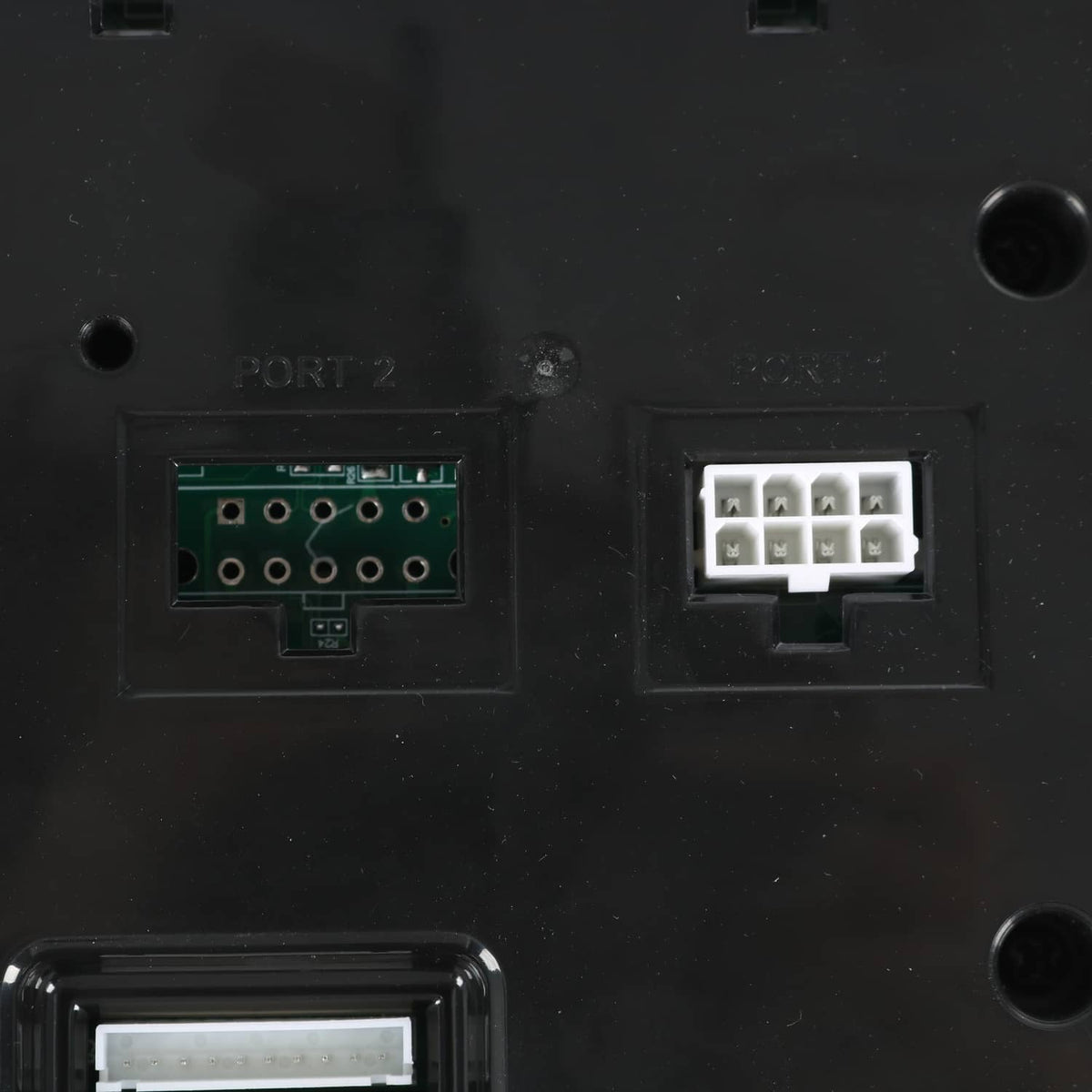 Black controller assembly close-up of PORT 2 and white connector plug