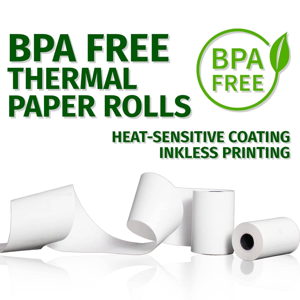 BPA-free thermal paper rolls graphic with inkless heat-sensitive coating callouts