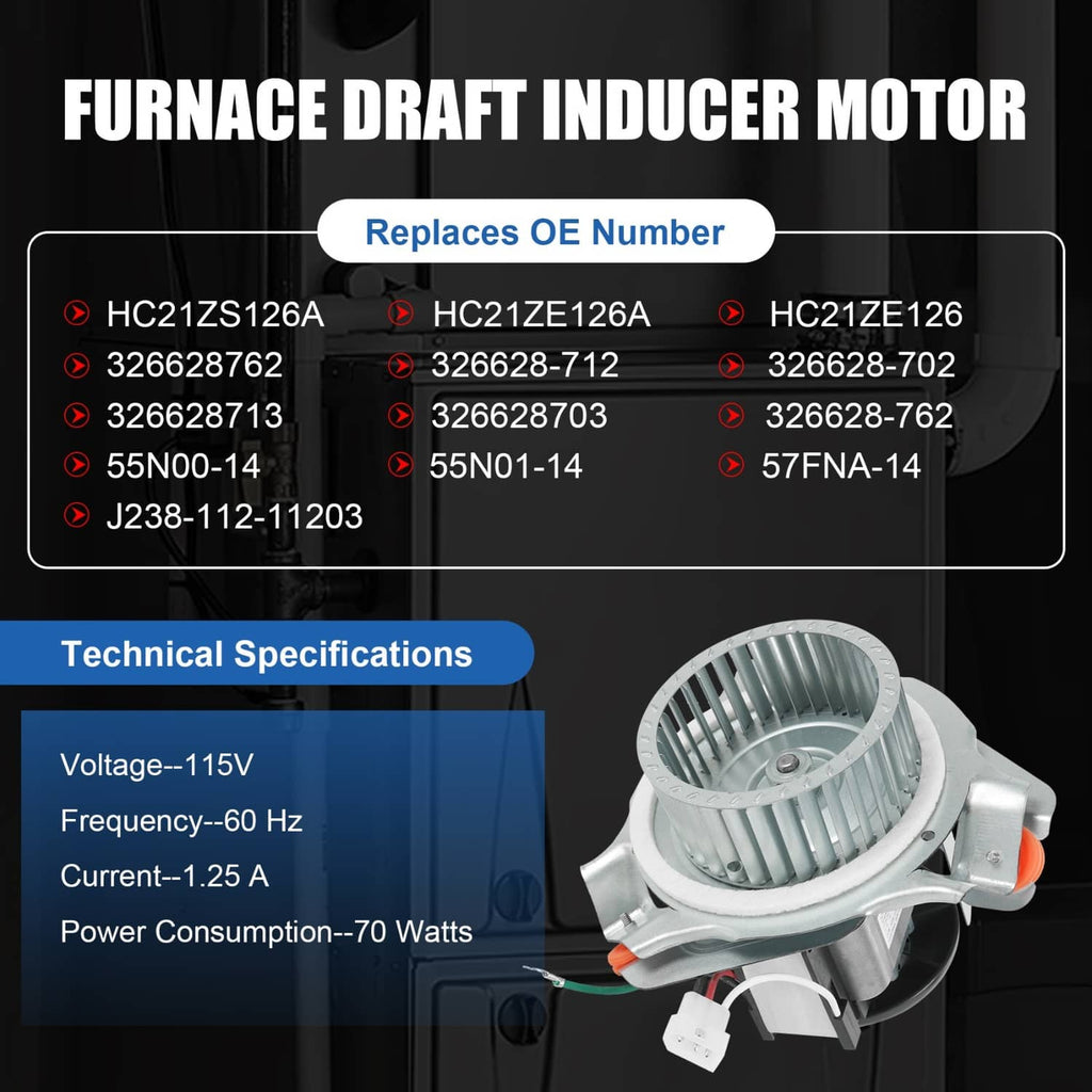 Furnace draft inducer motor with fan housing and mounting bracket, shown with specs