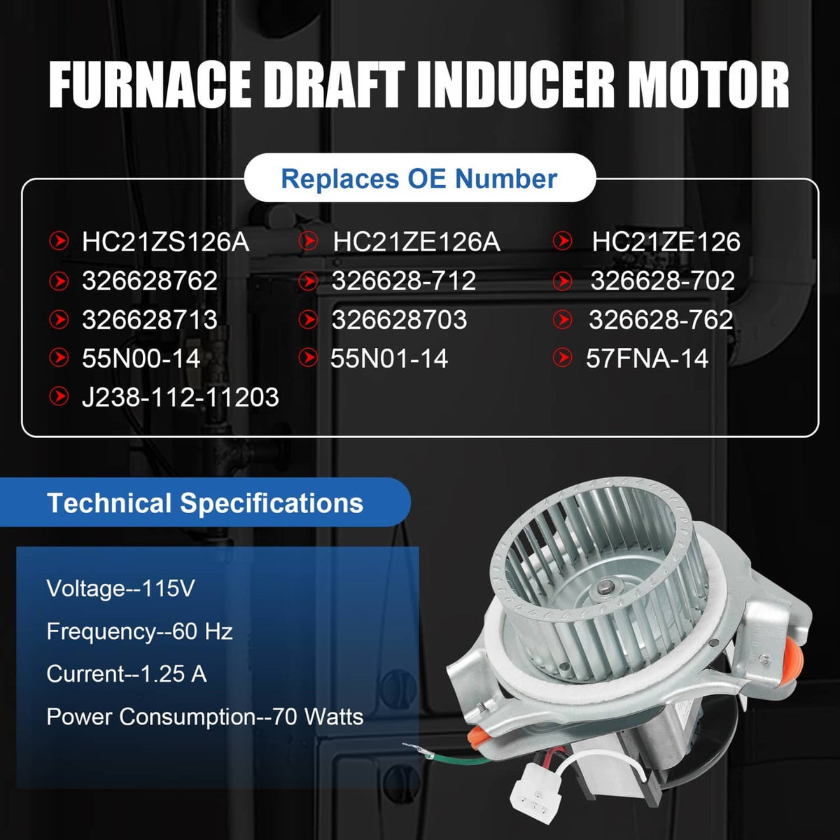 Furnace draft inducer motor with fan housing and mounting bracket, shown with specs