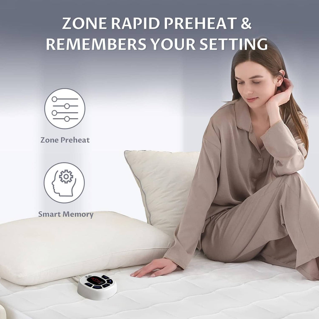 Quilted white heated mattress pad with controller placed near a pillow