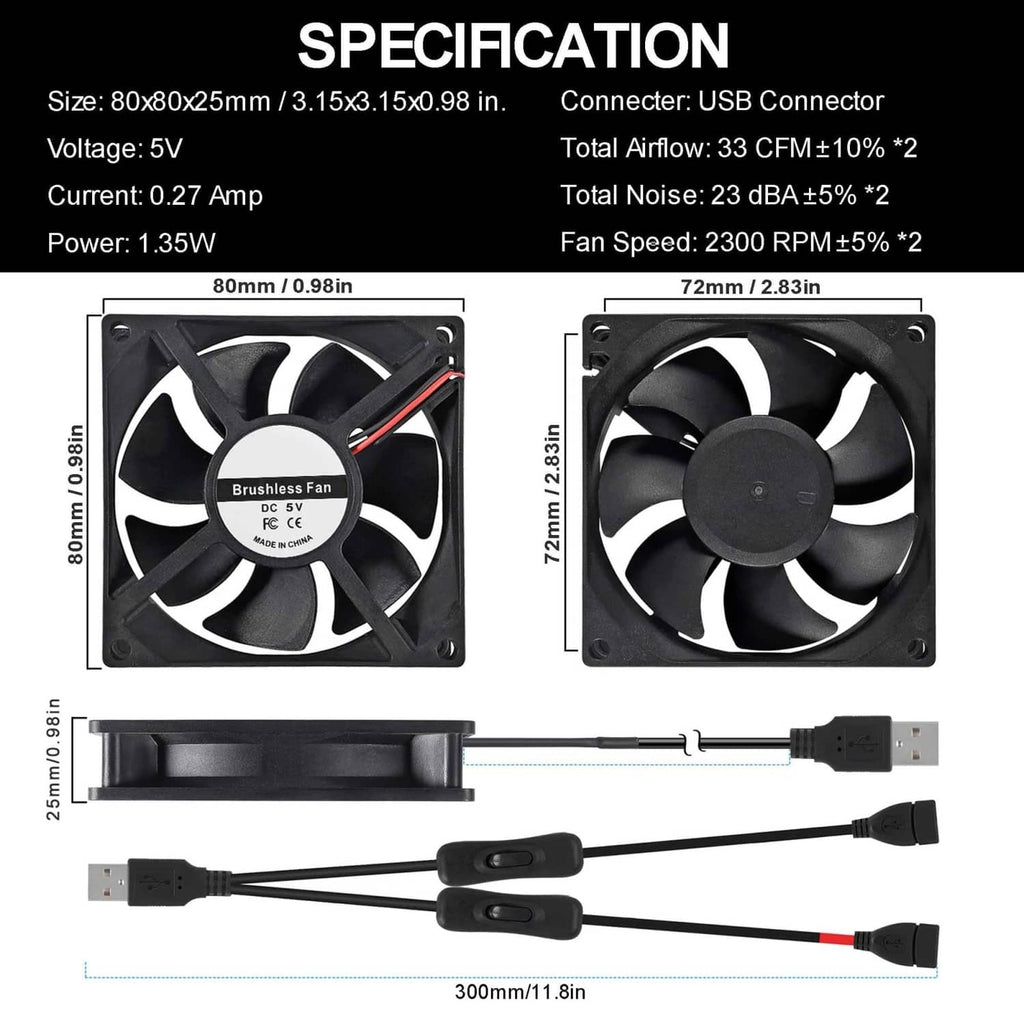 Two 80mm USB cooling fans with long cable and inline on/off switches