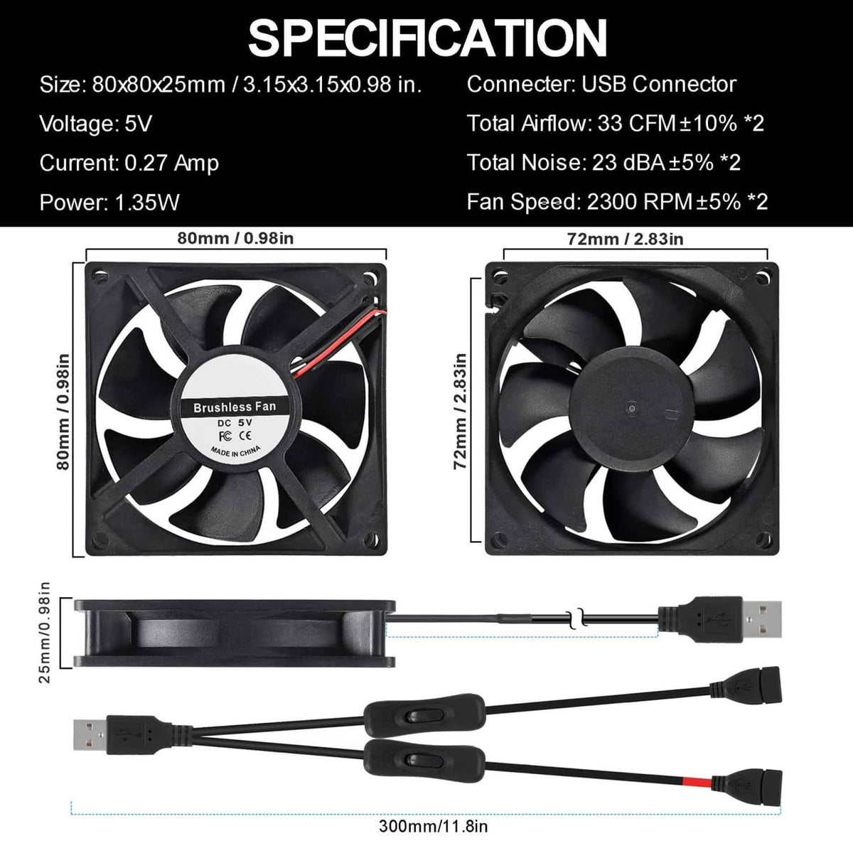Two 80mm USB cooling fans with long cable and inline on/off switches