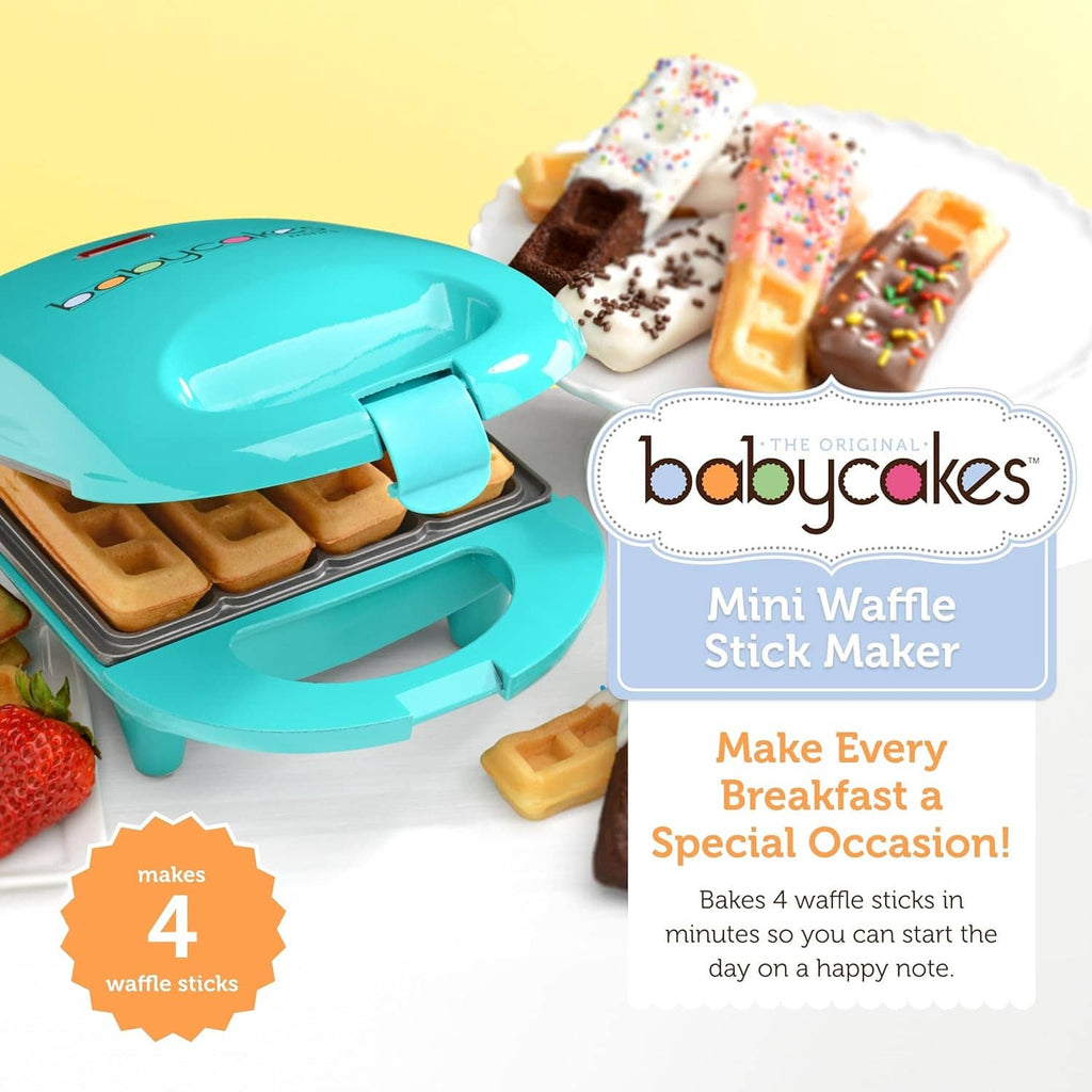 Teal mini waffle stick maker with hinged lid, showing golden waffle sticks in tray