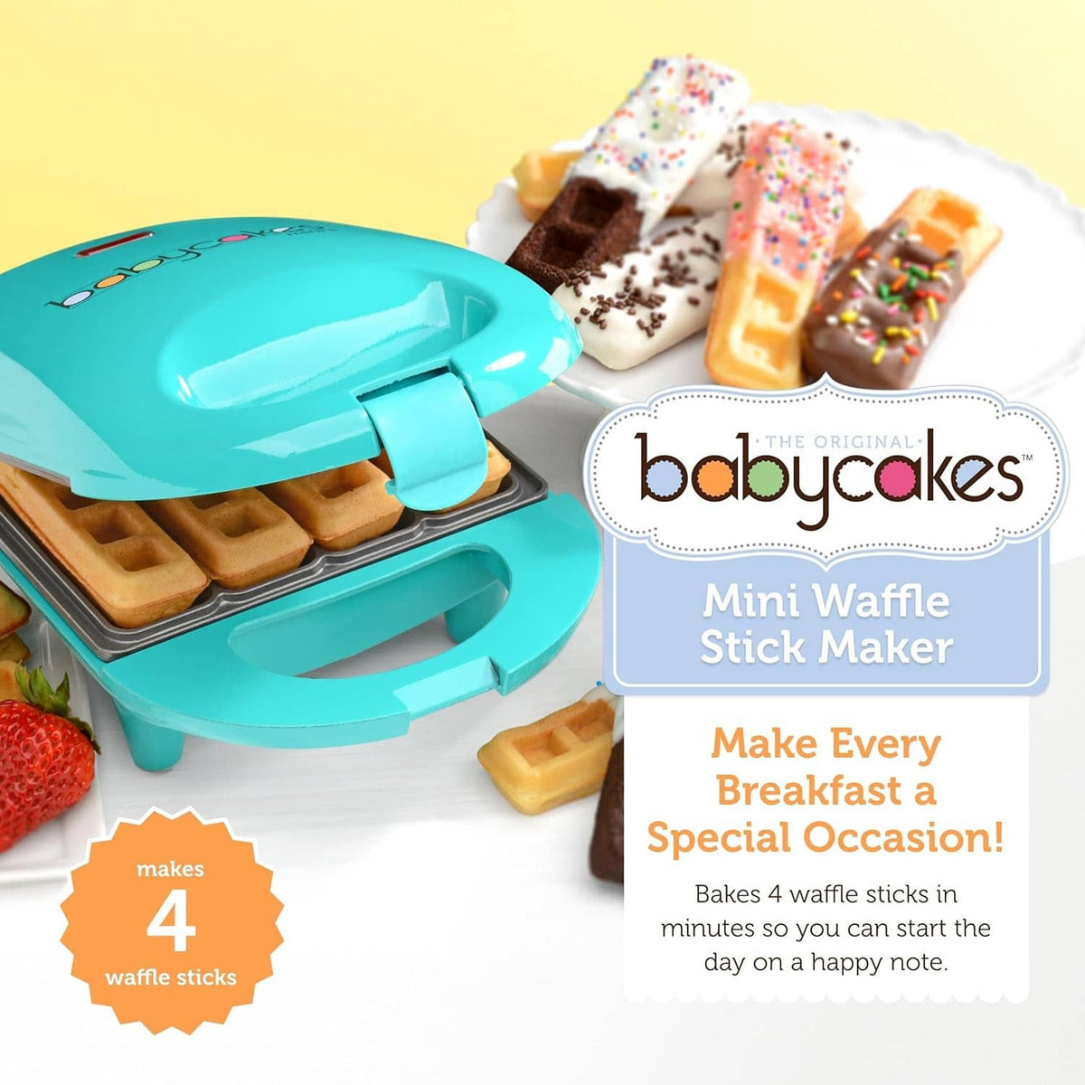 Teal mini waffle stick maker with hinged lid, showing golden waffle sticks in tray