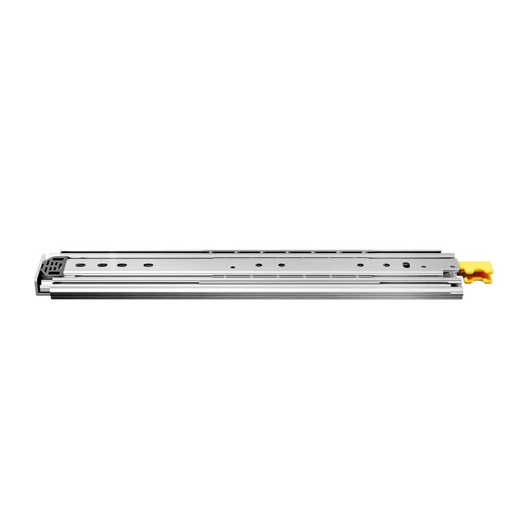 Full-extension drawer slide rail with yellow release tab, silver steel construction.