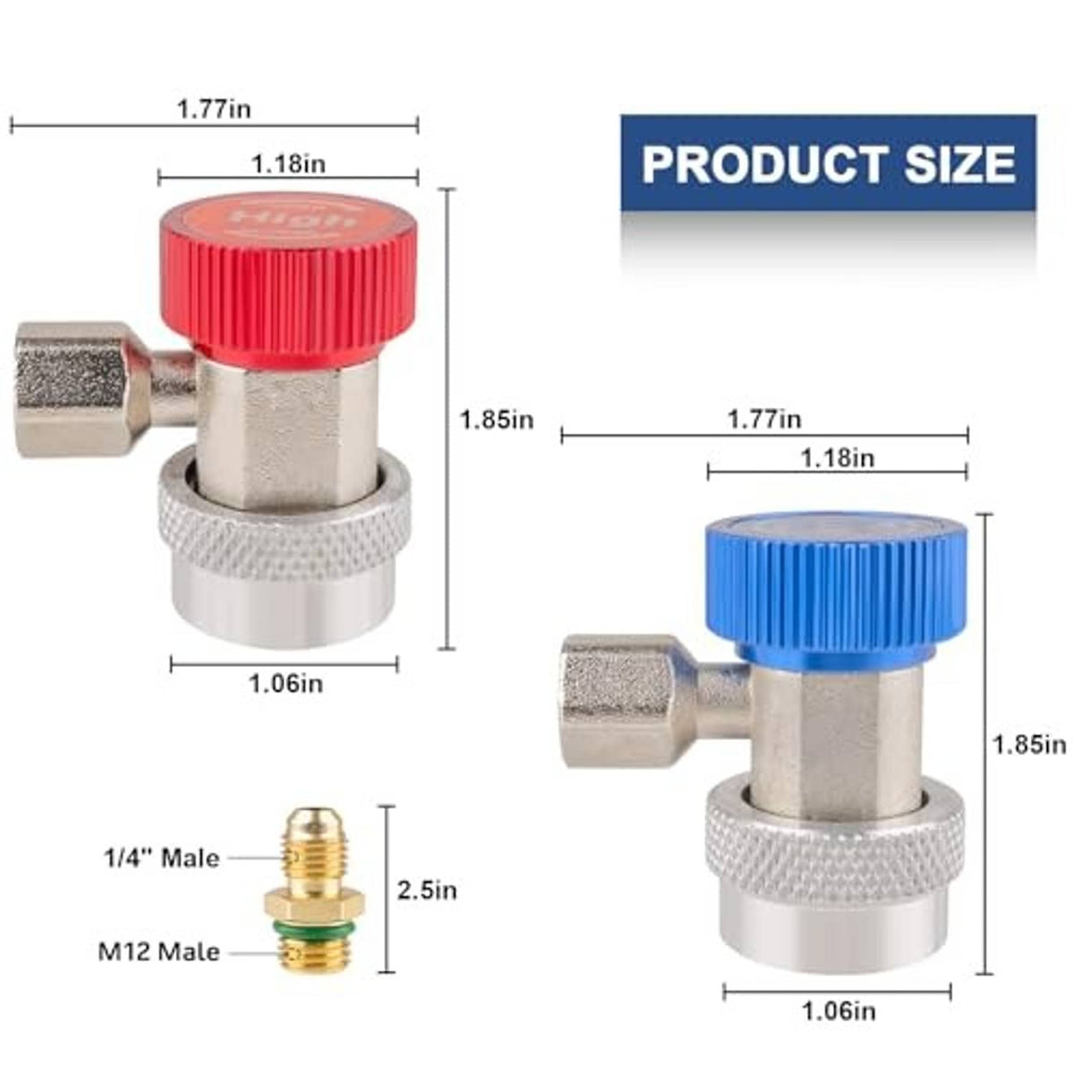 Refrigerant adapter size diagram with red and blue knobs and male port measurements