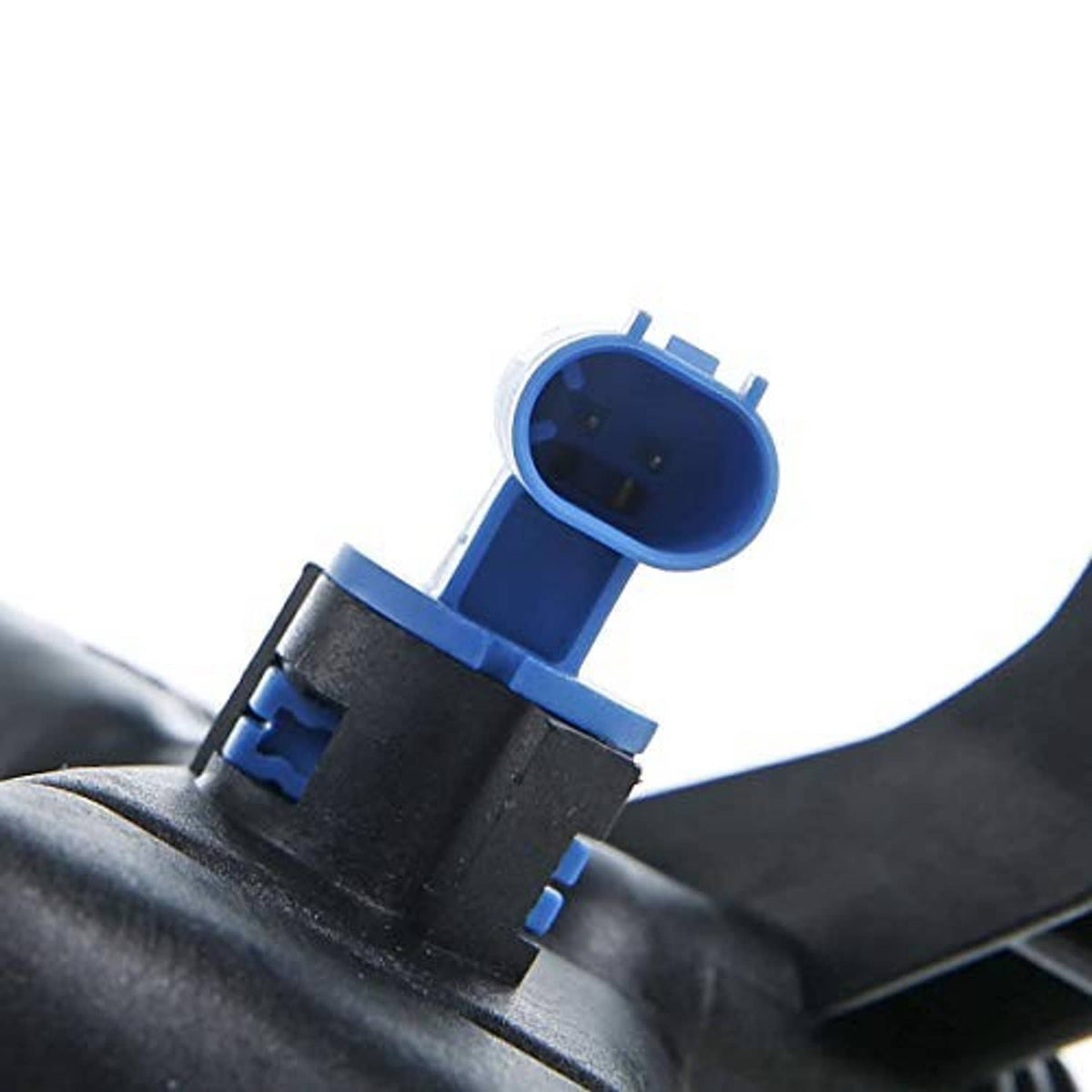 Engine coolant recovery overflow reservoir outlet hose connector, blue and black plastic
