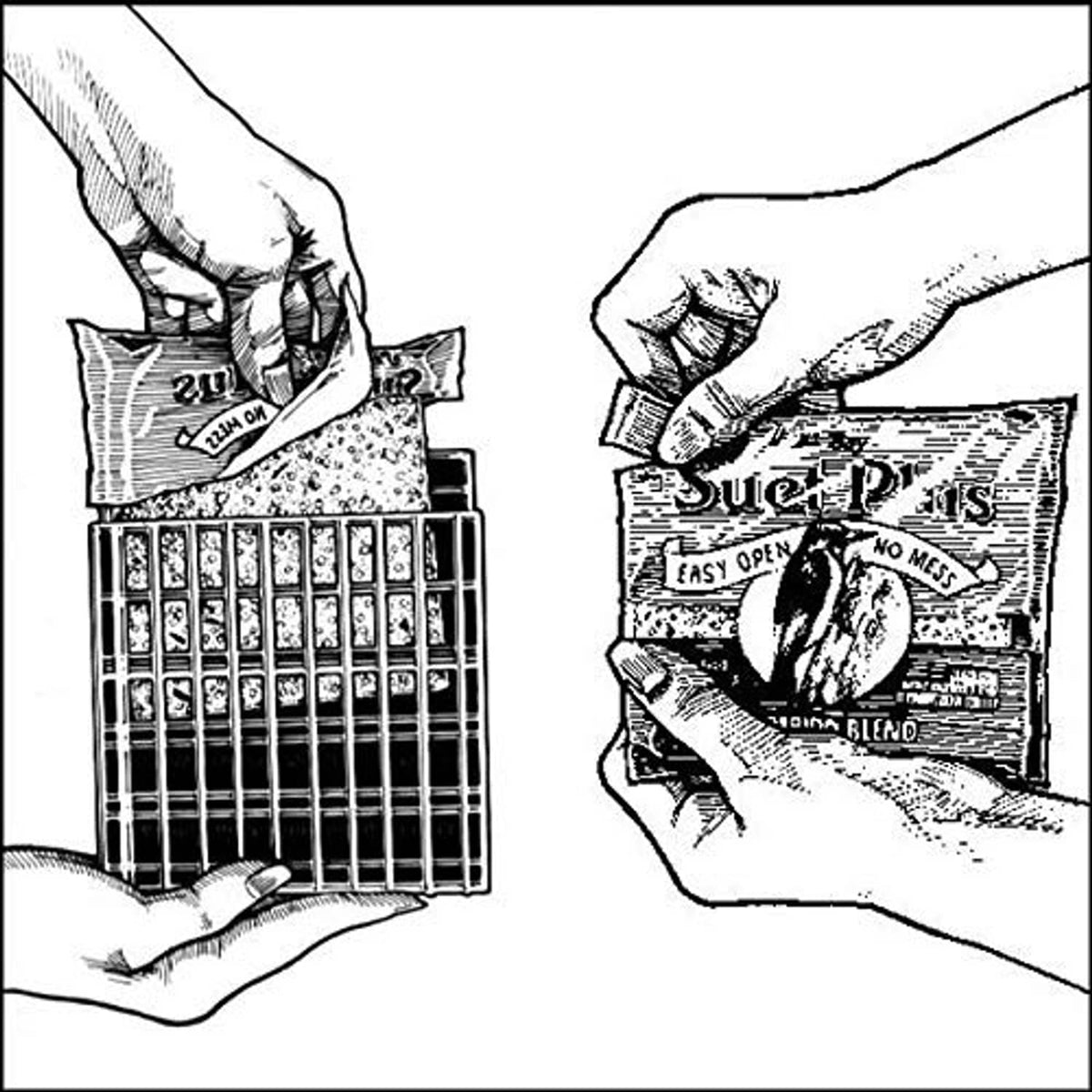 Hands inserting suet cakes into a wire feeder, illustrated instructions