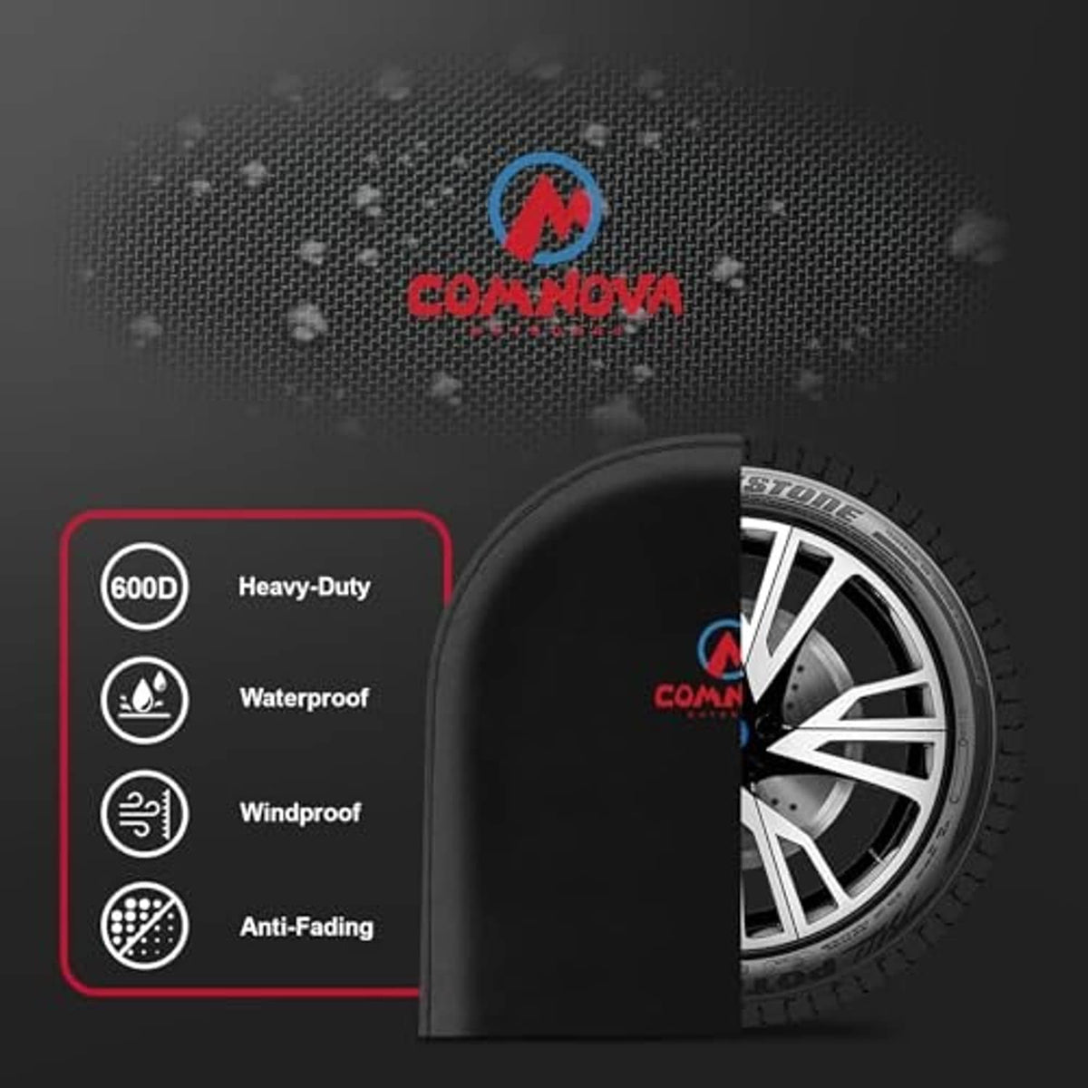Black tire cover fabric with logo, covering a wheel edge; shows heavy-duty texture