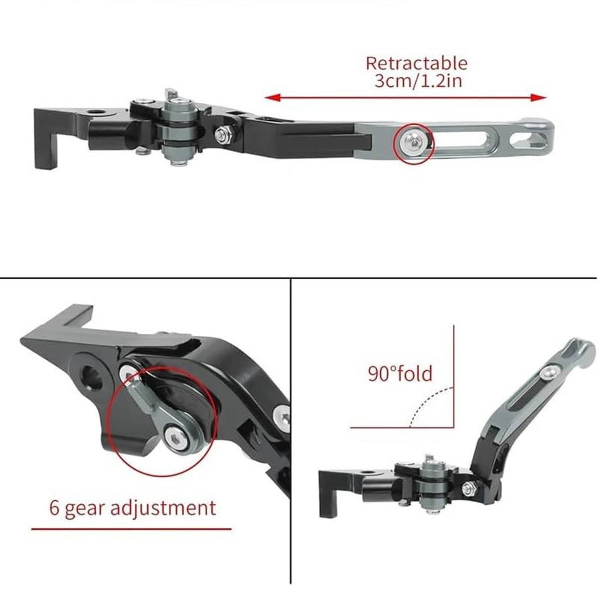 Black folding motorcycle brake lever with retractable extension and gear adjustment diagram