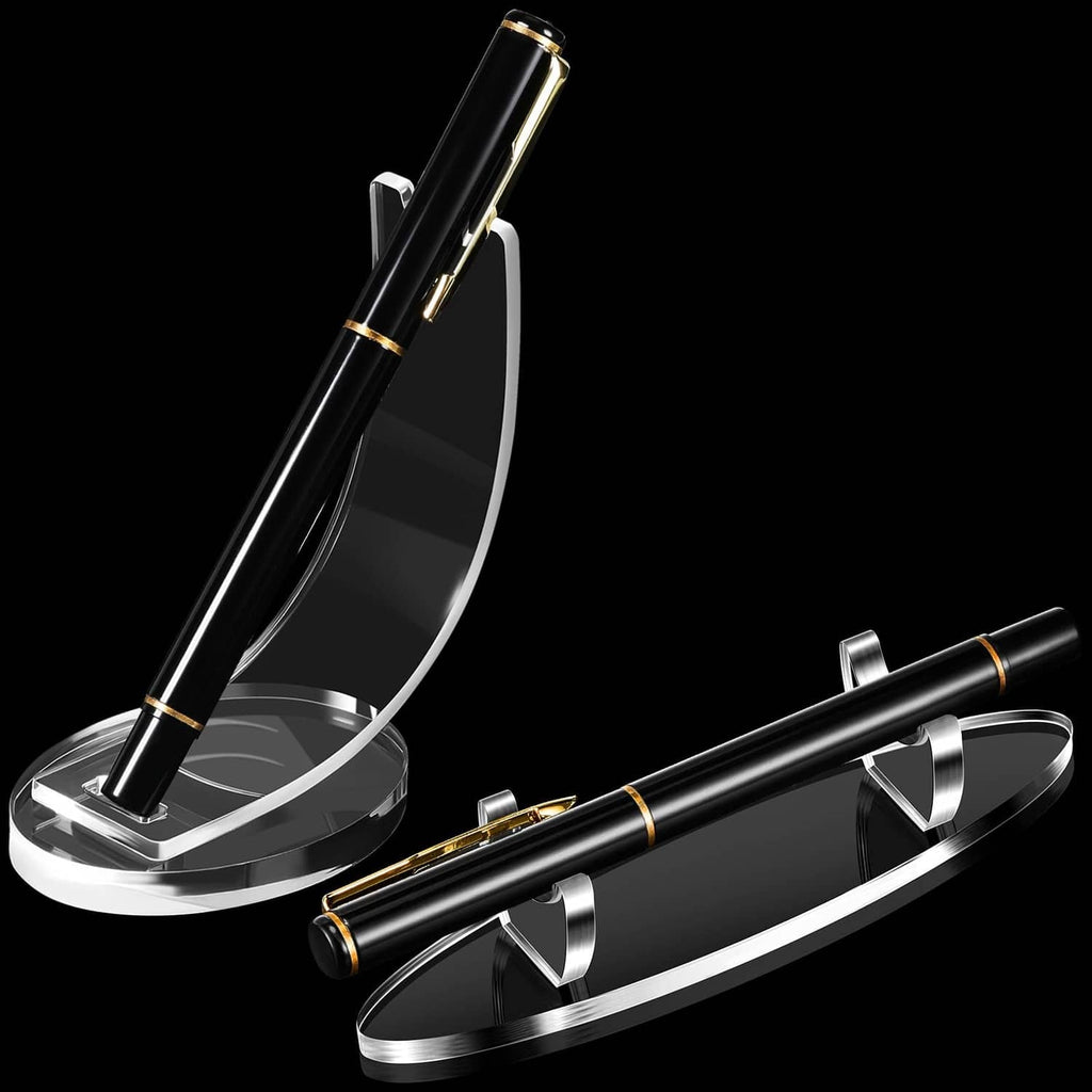 Clear acrylic pen holder display stand with black pen, curved arc base