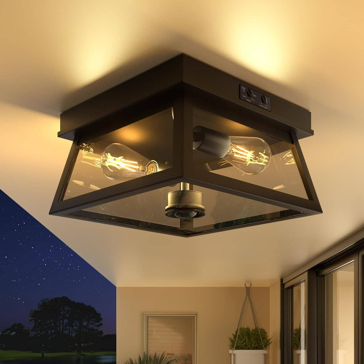 Black outdoor ceiling light on a porch ceiling illuminating two exposed amber bulbs