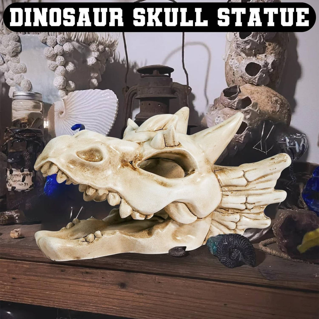 White dragon skull ornament on display shelf among collectible decor