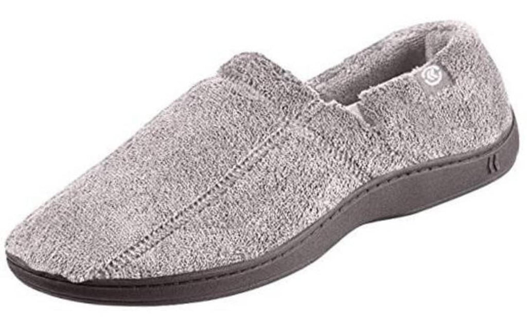 Men's charcoal microterry moccasin slipper, slip-on with dark rubber sole