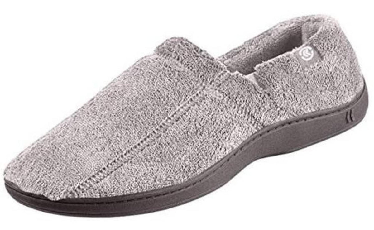 Men's charcoal microterry moccasin slipper, slip-on with dark rubber sole