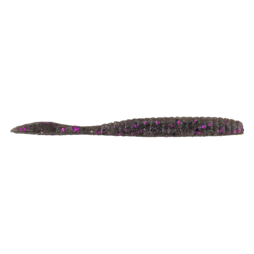 Dark flat worm soft plastic fishing bait with scattered purple dot accents