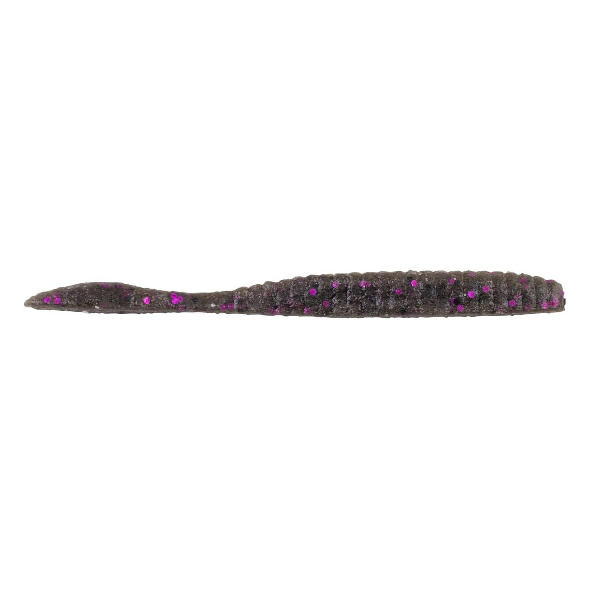 Dark flat worm soft plastic fishing bait with scattered purple dot accents