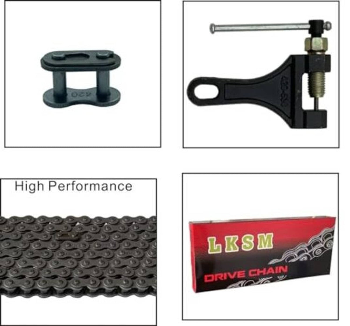 Black roller chain links and chain breaker tool with included connector parts