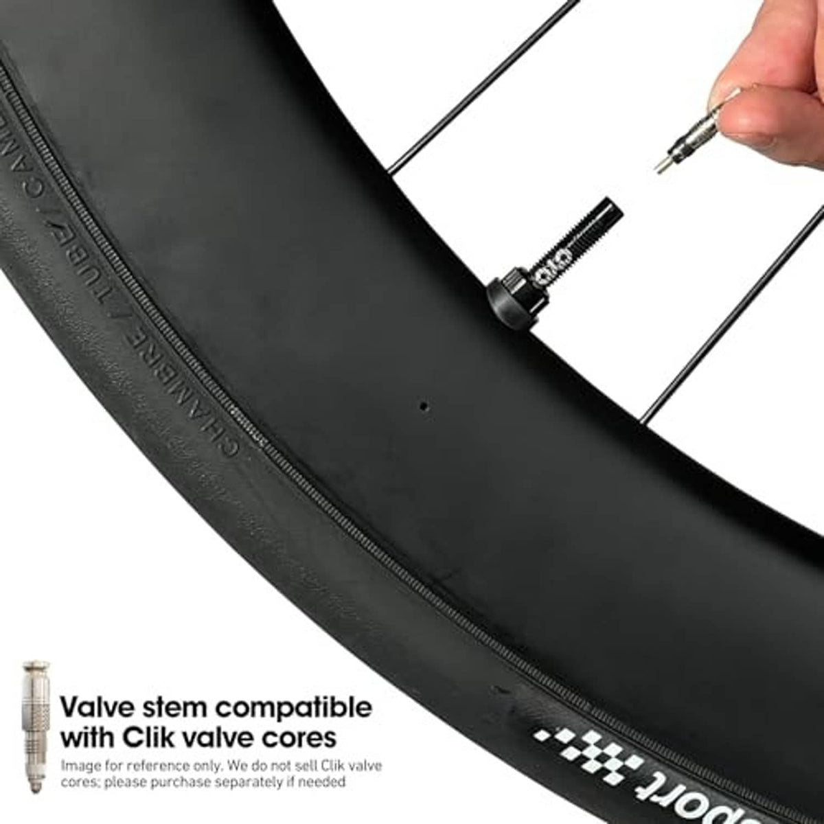 Presta valve stem beside black wheel rim; loose valve core held by hand