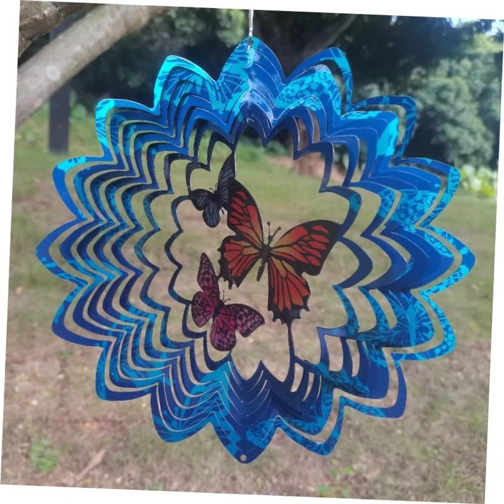Hanging metal butterfly wind spinner with blue layered petals and butterfly center