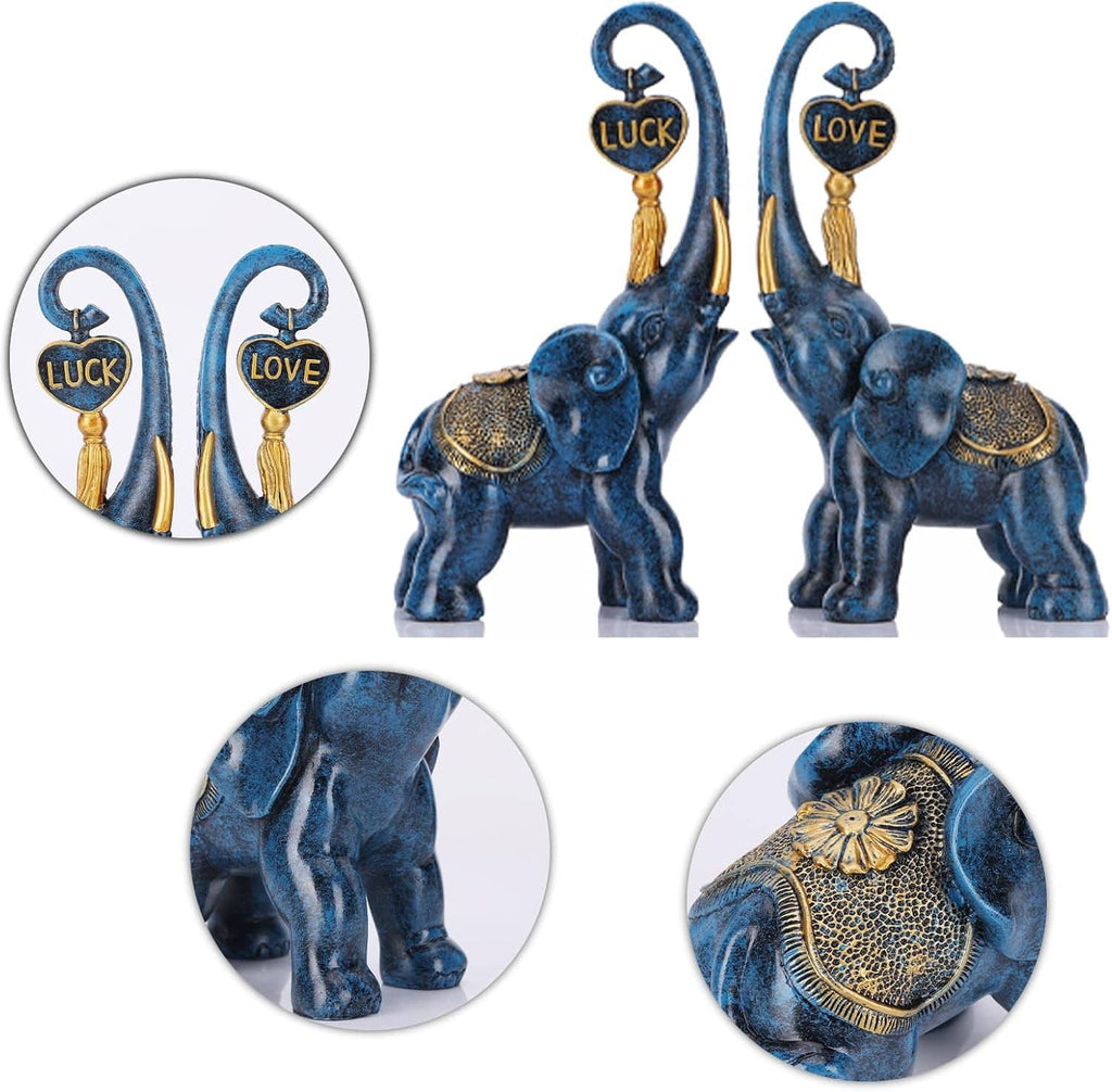 Blue elephant statue pair with gold trim; circular detail views of trunks and back