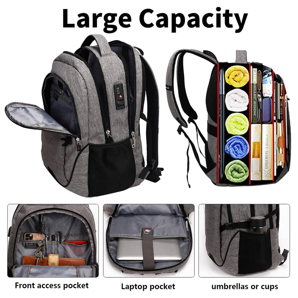 Gray backpack open to show laptop compartment and front access pocket with organizer slots.