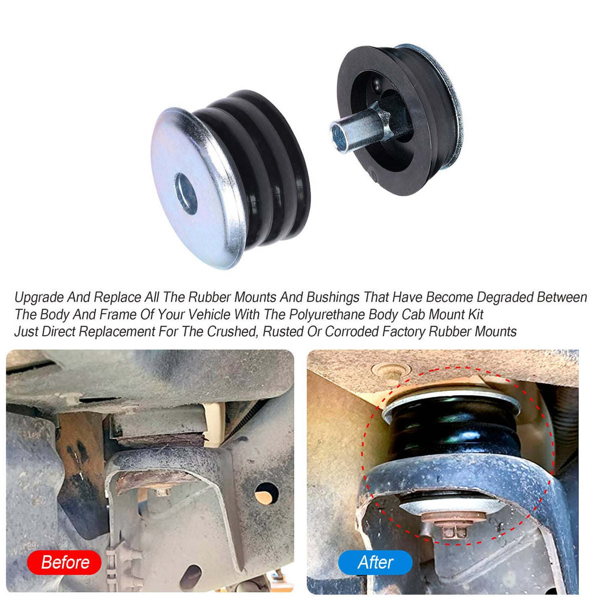 Installed body cab mount bushings with steel sleeves on vehicle frame bracket