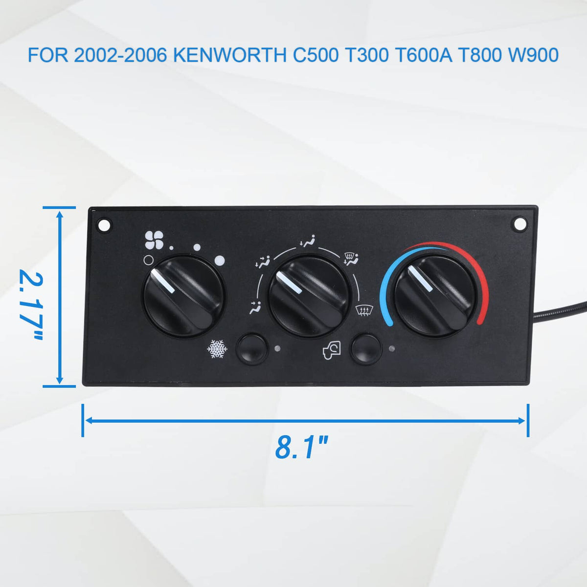 Climate control module with three knob controls and side mounting bracket, sized