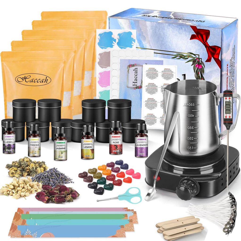 Complete candle making kit with metal wax melter, wax beads, jars, bottles, wicks and tools