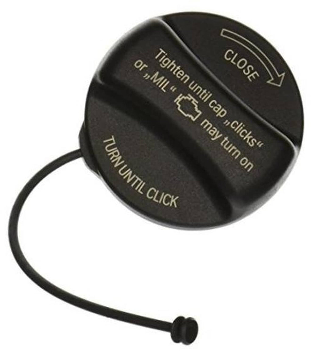 Fuel filler cap in dark plastic with tether cord, CLOSE arrow, and click-lock text