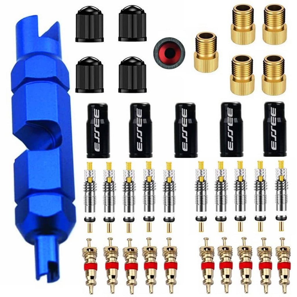 Blue Presta valve core kit: assorted brass core parts, black caps, and red seals