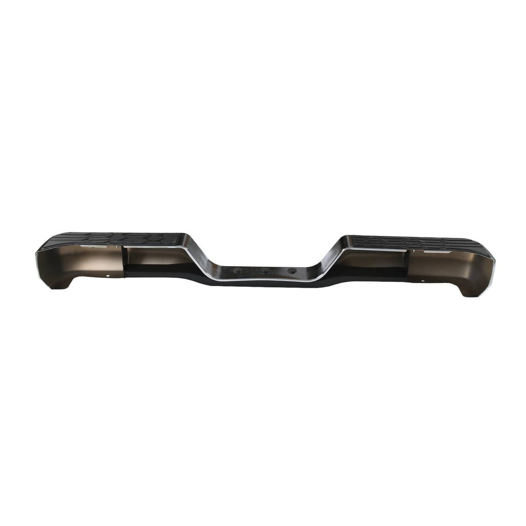 Underside view of chrome rear step bumper face bar with black textured step surfaces