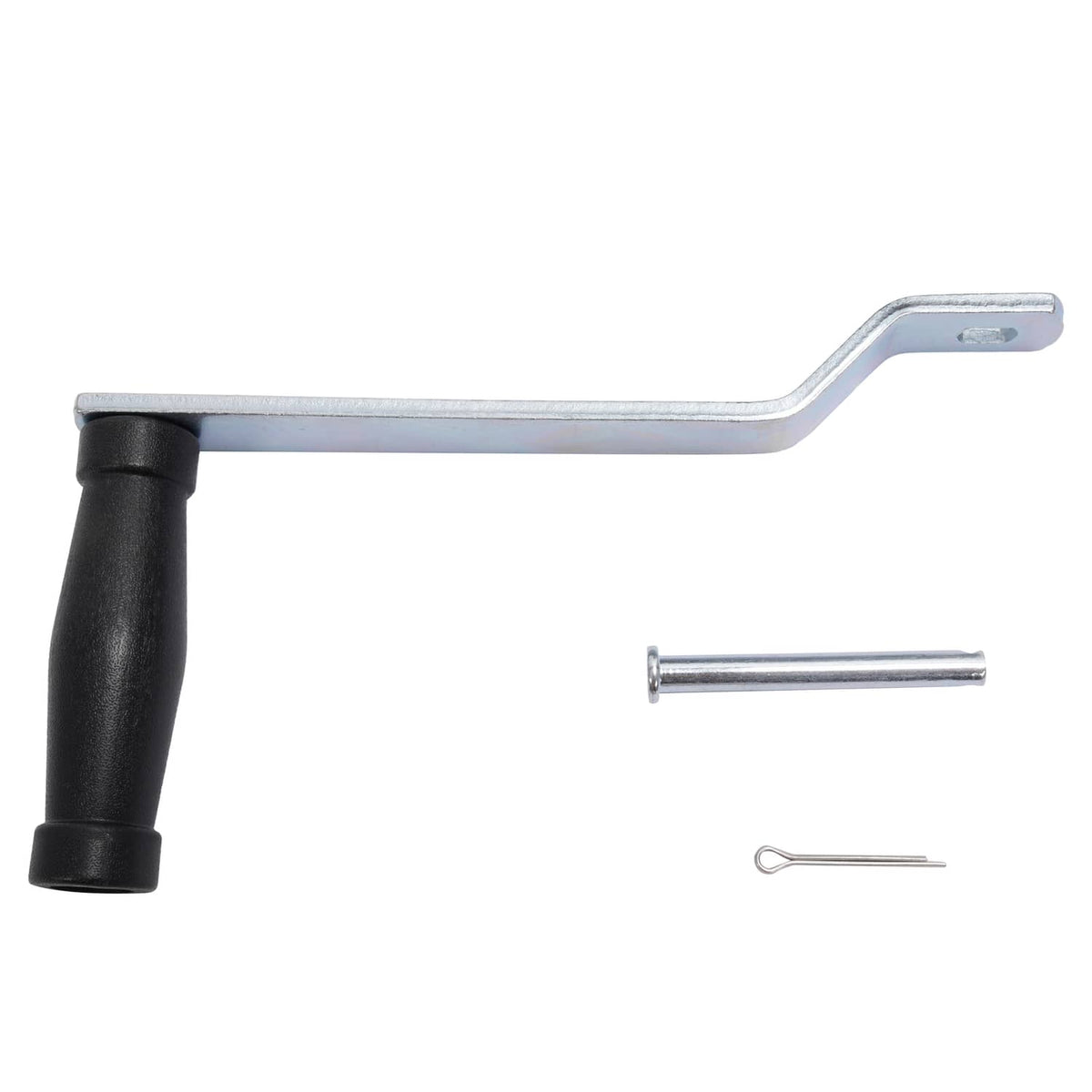 Winch crank handle with black grip and included retaining pin and cotter clip