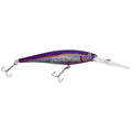 Purple and silver crankbait fishing lure with lip and two treble hooks